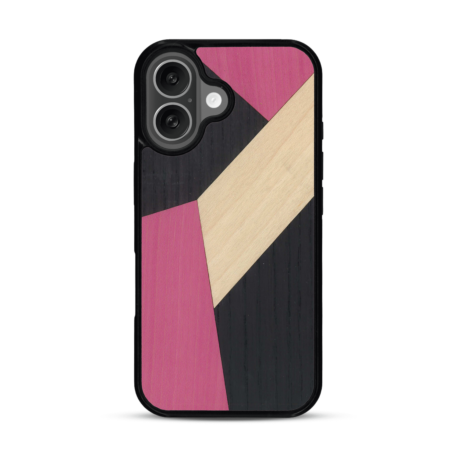 Coque de protection en bois véritable fabriquée en France pour  alliant du bambou, du tulipier rose et noir en forme de mosaïque minimaliste sur le thème de l'art abstrait