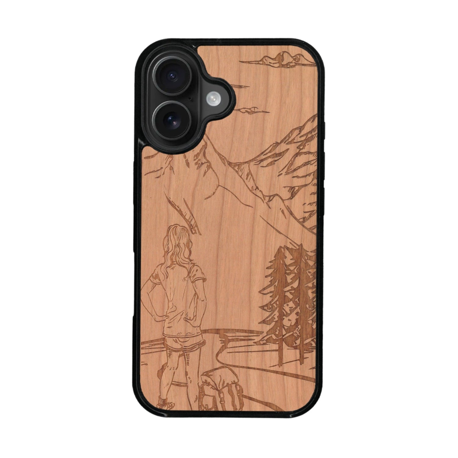 Coque de protection en bois véritable fabriquée en France pour iPhone 16 Plus sur le thème de la randonnée en montagne et de l'aventure avec une gravure représentant une femme de dos face à un paysage de nature