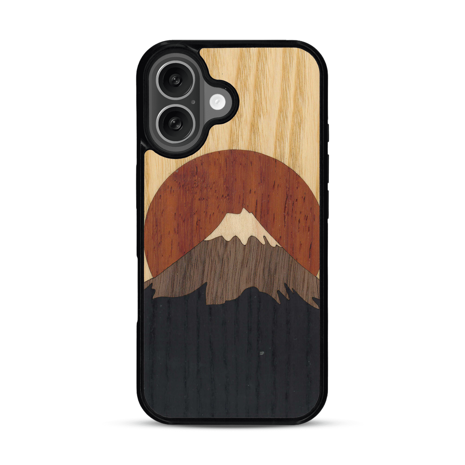 Coque de protection en bois véritable fabriquée en France pour  alliant plusieurs essences de bois pour représenter le mont Fuji