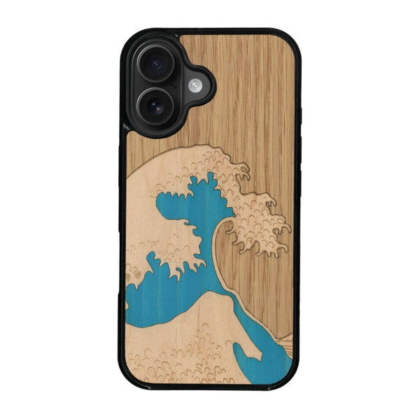 Coque de protection en bois véritable fabriquée en France pour iPhone 16 Plus alliant plusieurs essences de bois pour représenter la célèbre grande vague de Kanagawa