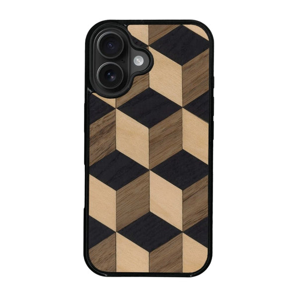 Coque de protection en bois véritable fabriquée en France pour iPhone 16 Plus alliant plusieurs essences de bois pour représenter un classique intemporel de la marqueterie