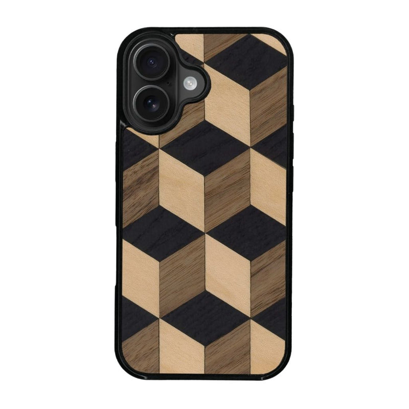 Coque de protection en bois véritable fabriquée en France pour iPhone 16 Plus alliant plusieurs essences de bois pour représenter un classique intemporel de la marqueterie
