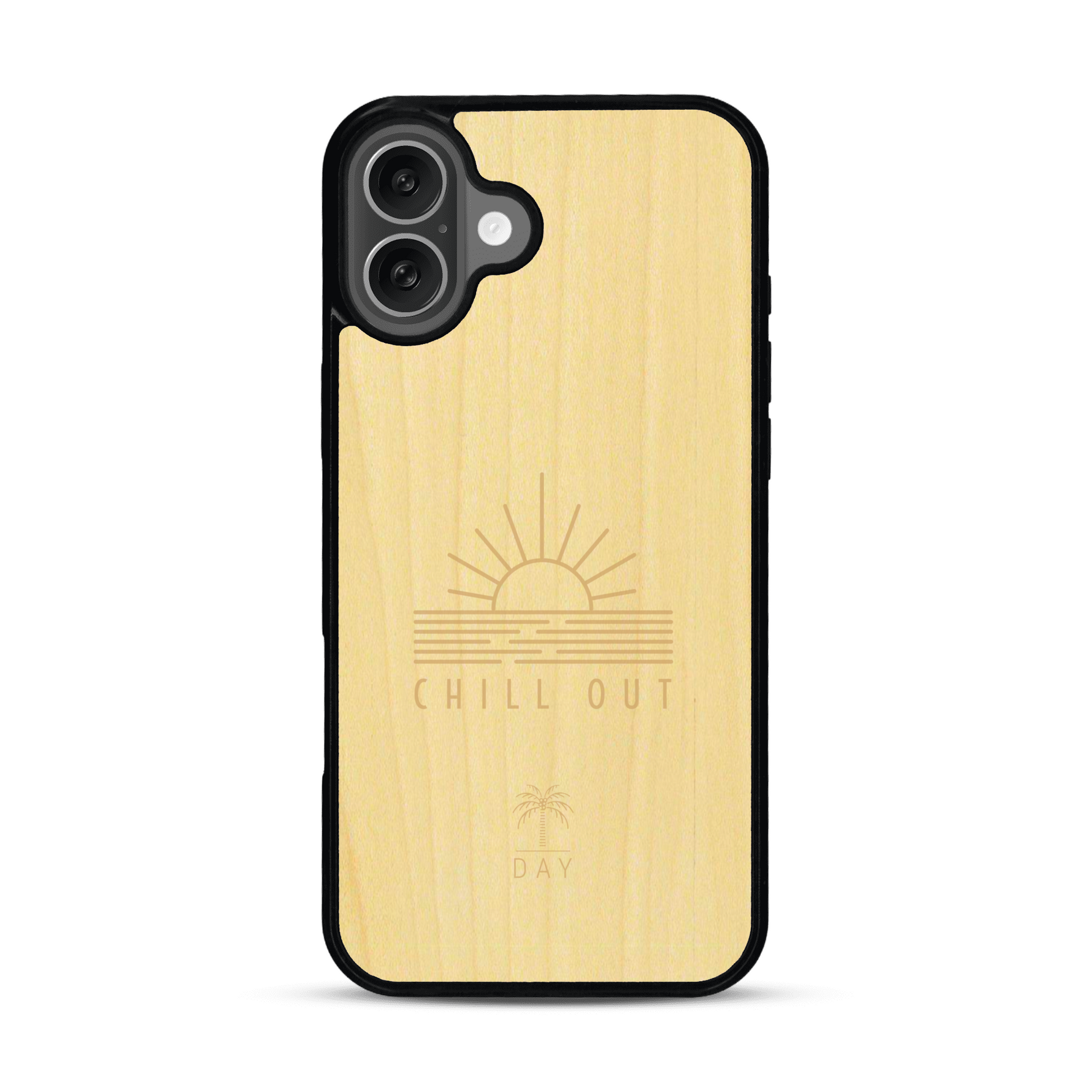 Coque de protection en bois véritable fabriquée en France pour  sur le thème chill avec un motif représentant un couché de soleil sur l'océan et la phrase "Chill out"