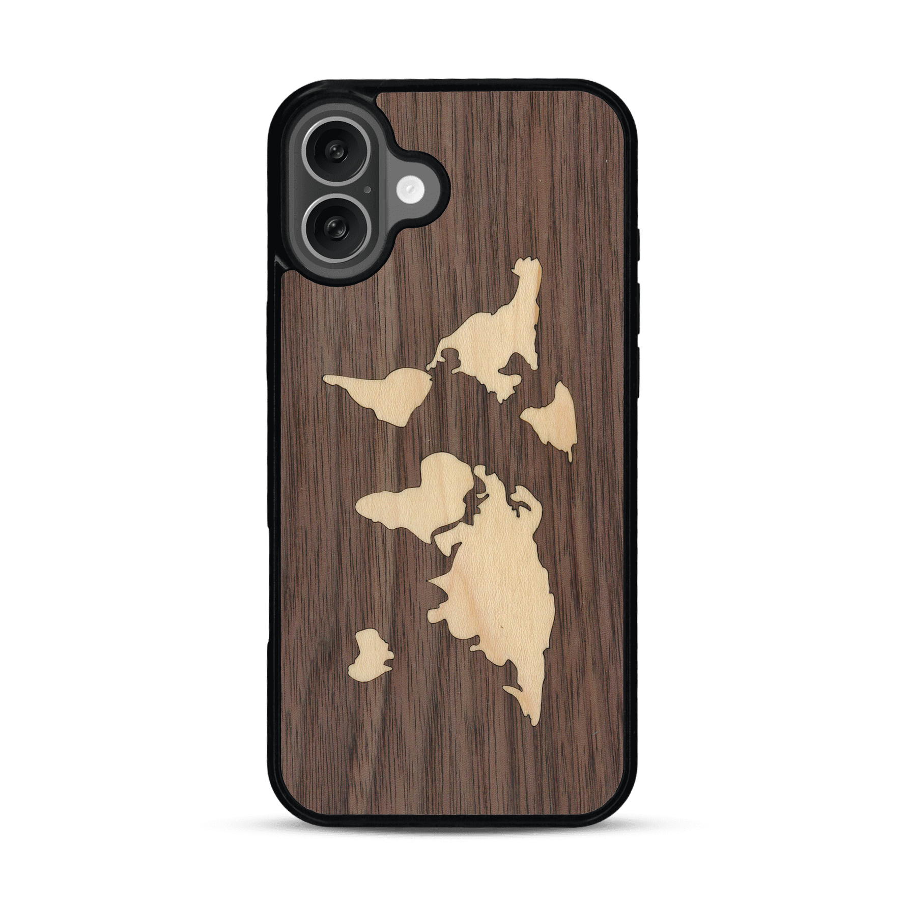 Coque de protection en bois véritable fabriquée en France pour  alliant du bambou et du noyer sur le thème du voyage et de l'aventure représentant une mappemonde