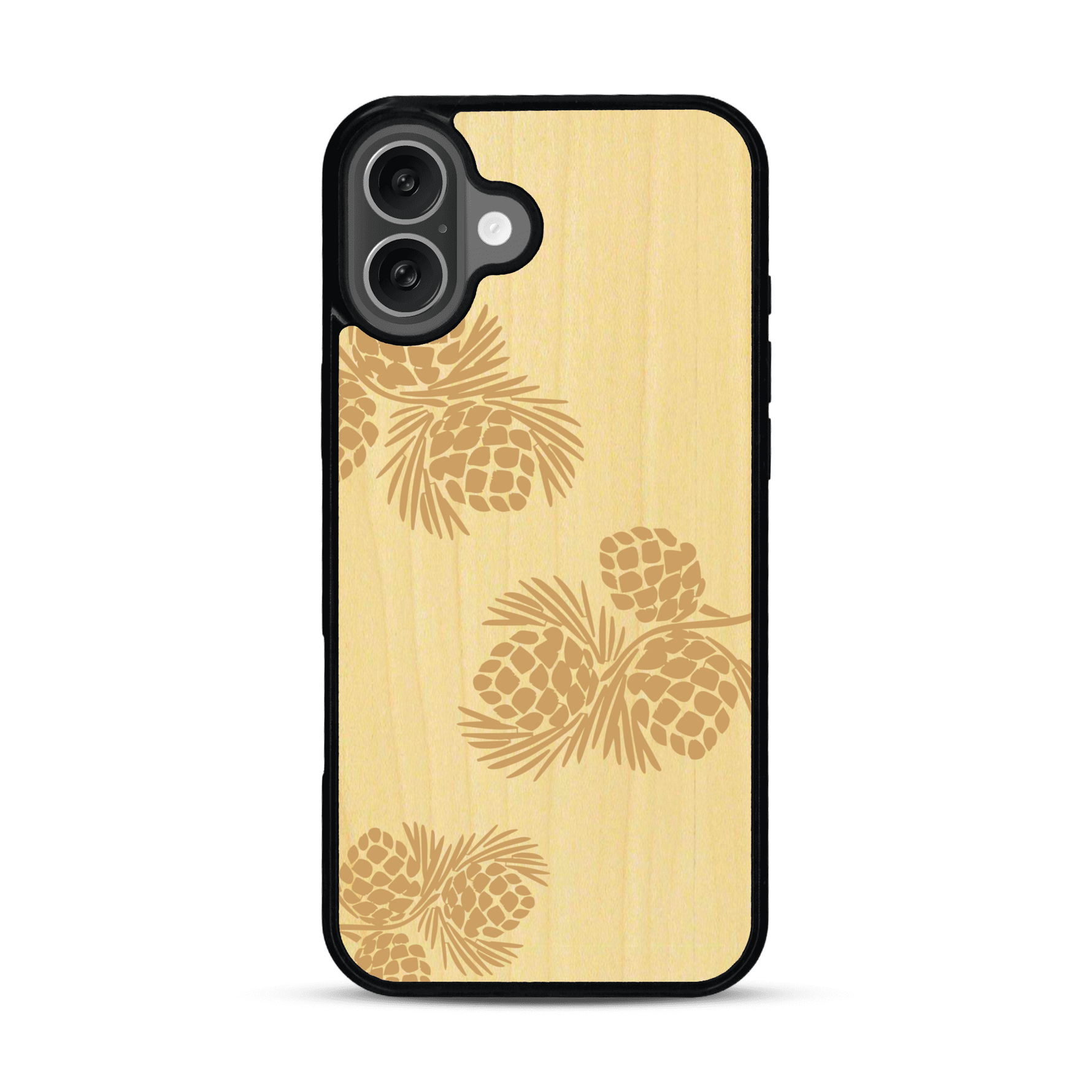 Coque de protection en bois véritable fabriquée en France pour  sur le thème de la nature des arbres avec un motif de gravure représentant des épines de sapin et des pommes de pin