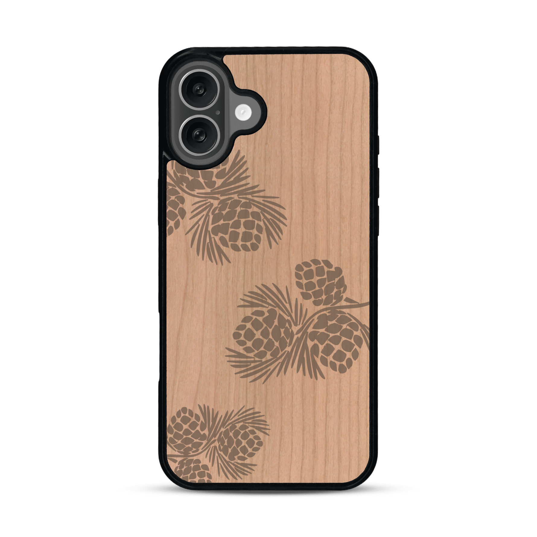 Coque de protection en bois véritable fabriquée en France pour  sur le thème de la nature des arbres avec un motif de gravure représentant des épines de sapin et des pommes de pin