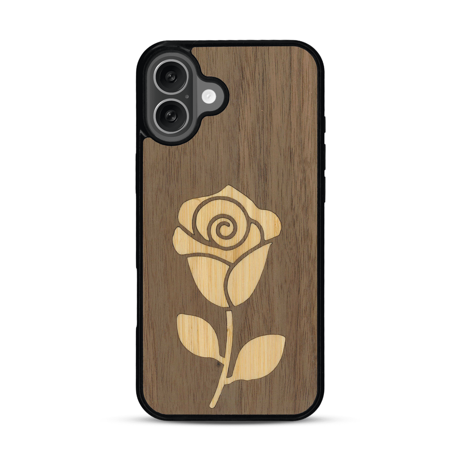 Coque de protection en bois véritable fabriquée en France pour  alliant plusieurs essences de bois pour représenter une rose