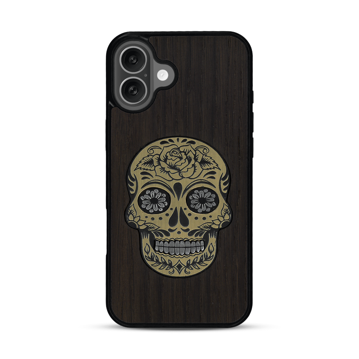 Coque de protection en bois véritable fabriquée en France pour  alliant du chêne fumé avec du métal argenté et doré représentant une tête de mort mexicaine sur le thème Dia de los Muertos