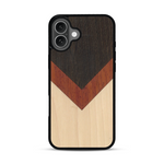 Coque de protection en bois véritable fabriquée en France pour  alliant du chêne fumé, du padouk et du bambou en forme de chevron sur le thème de l'art abstrait