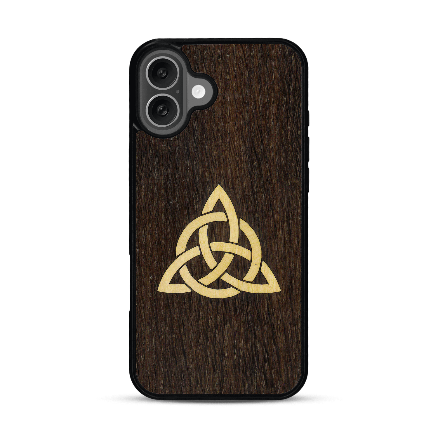Coque de protection en bois véritable fabriquée en France pour  alliant du chêne fumé et du bambou représentant une triquetra