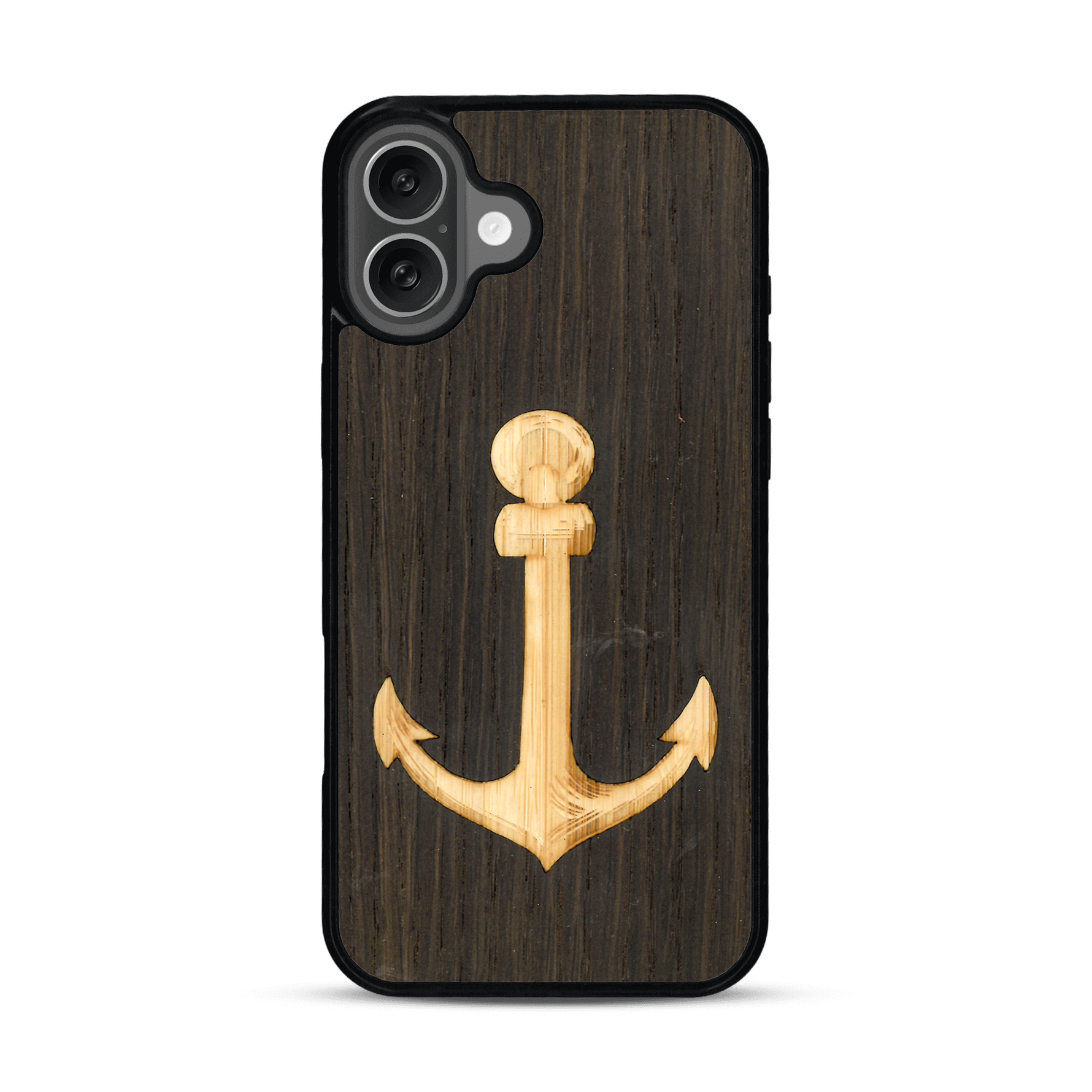 Coque de protection en bois véritable fabriquée en France pour  sur le thème nautique avec un bois clair et un bois foncé représentant une ancre de bateau