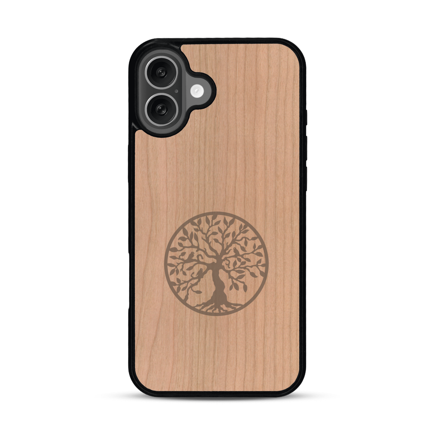 Coque de protection en bois véritable fabriquée en France pour  sur le thème de la spiritualité et du yoga avec une gravure zen représentant un arbre de vie