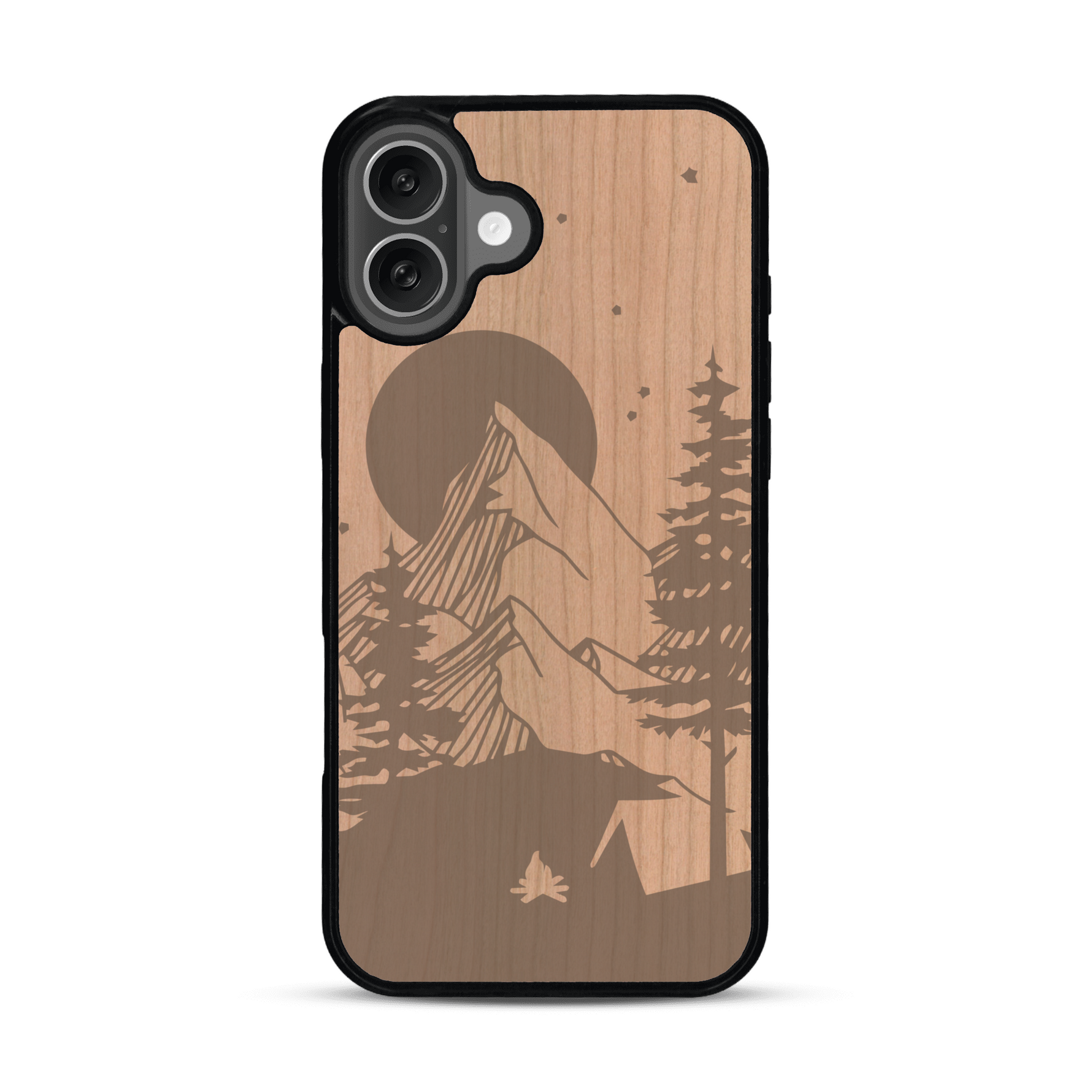 Coque de protection en bois véritable fabriquée en France pour  sur le thème du camping en pleine nature représentant une tente avec un feu de camp entouré de montagnes