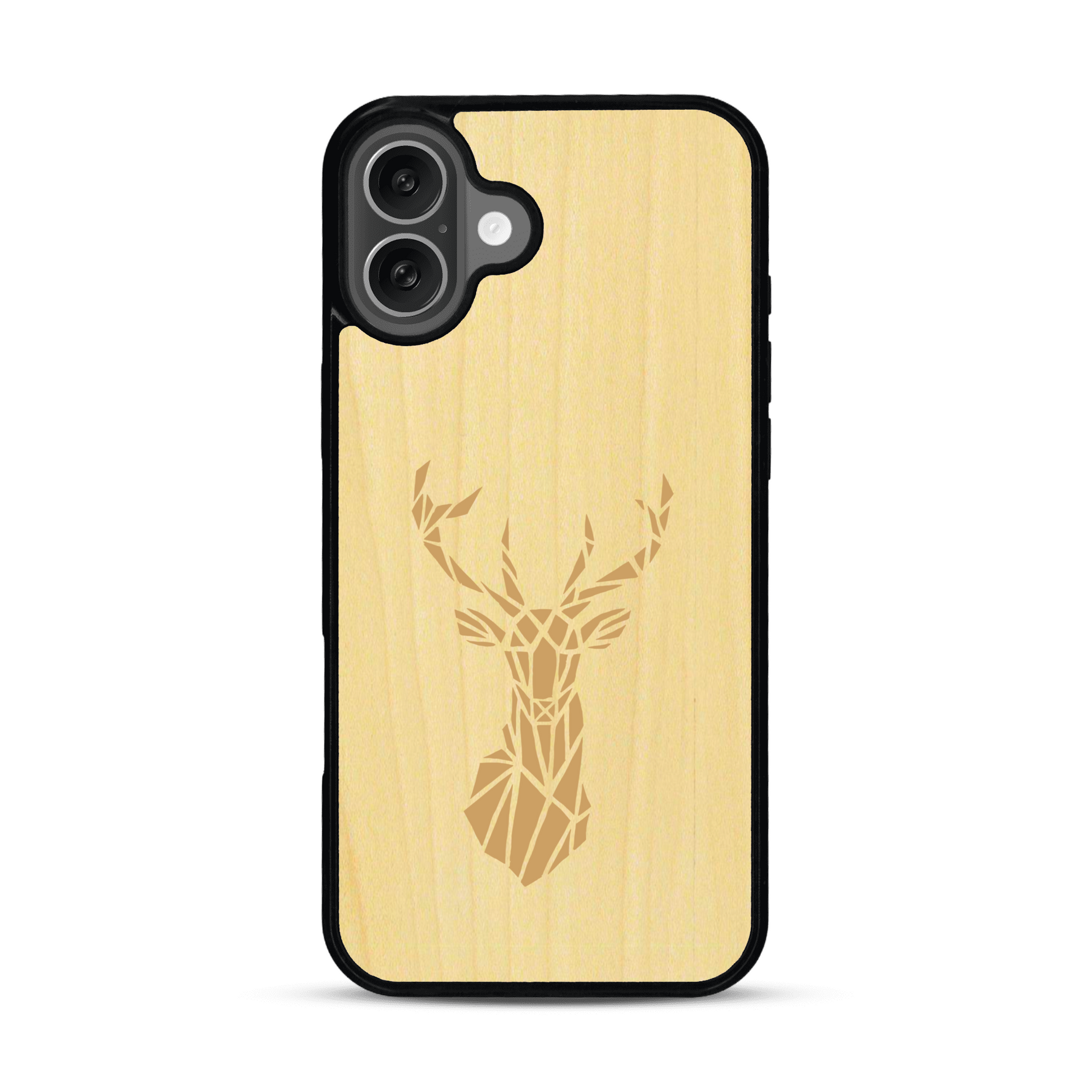 Coque de protection en bois véritable fabriquée en France pour  sur le thème de la nature et des animaux représentant une tête de cerf gométrique avec un design moderne et minimaliste