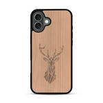 Coque de protection en bois véritable fabriquée en France pour  sur le thème de la nature et des animaux représentant une tête de cerf gométrique avec un design moderne et minimaliste