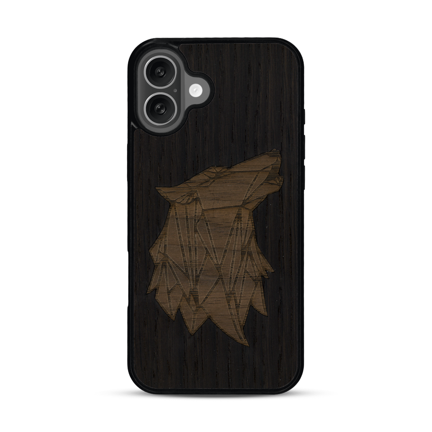 Coque de protection en bois véritable fabriquée en France pour  alliant du chêne fumé et du noyer représentant une tête de loup géométrique de profil sur le thème des animaux et de la nature