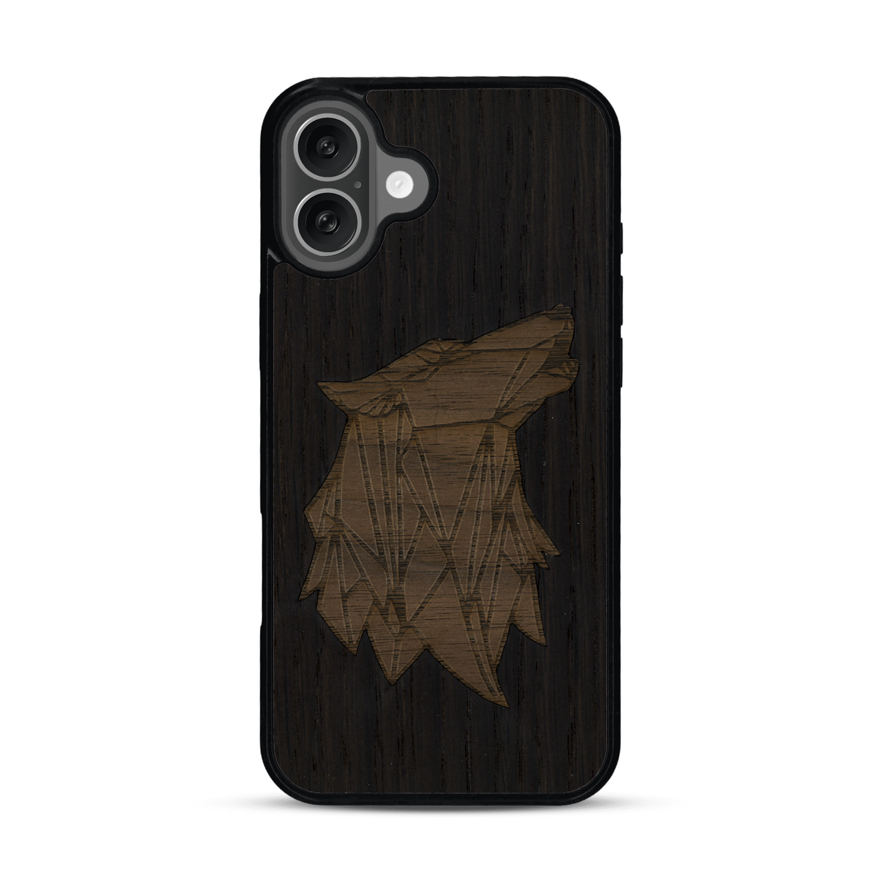 Coque de protection en bois véritable fabriquée en France pour  alliant du chêne fumé et du noyer représentant une tête de loup géométrique de profil sur le thème des animaux et de la nature