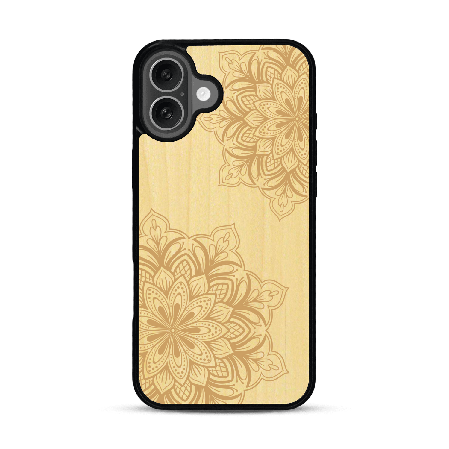 Coque de protection en bois véritable fabriquée en France pour  sur le thème de la bohème et du tatouage au henné avec une gravure représentant un mandala