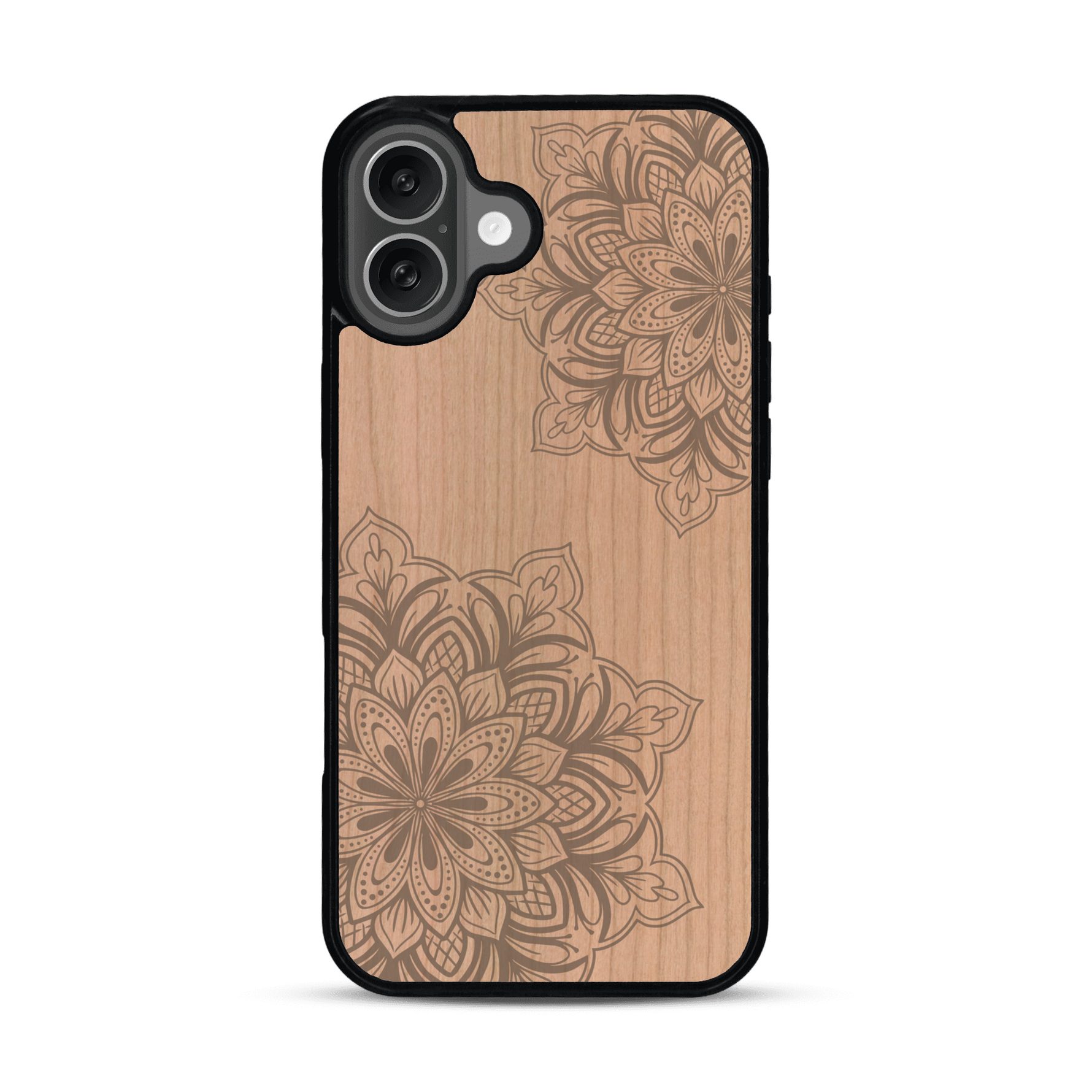 Coque de protection en bois véritable fabriquée en France pour  sur le thème de la bohème et du tatouage au henné avec une gravure représentant un mandala