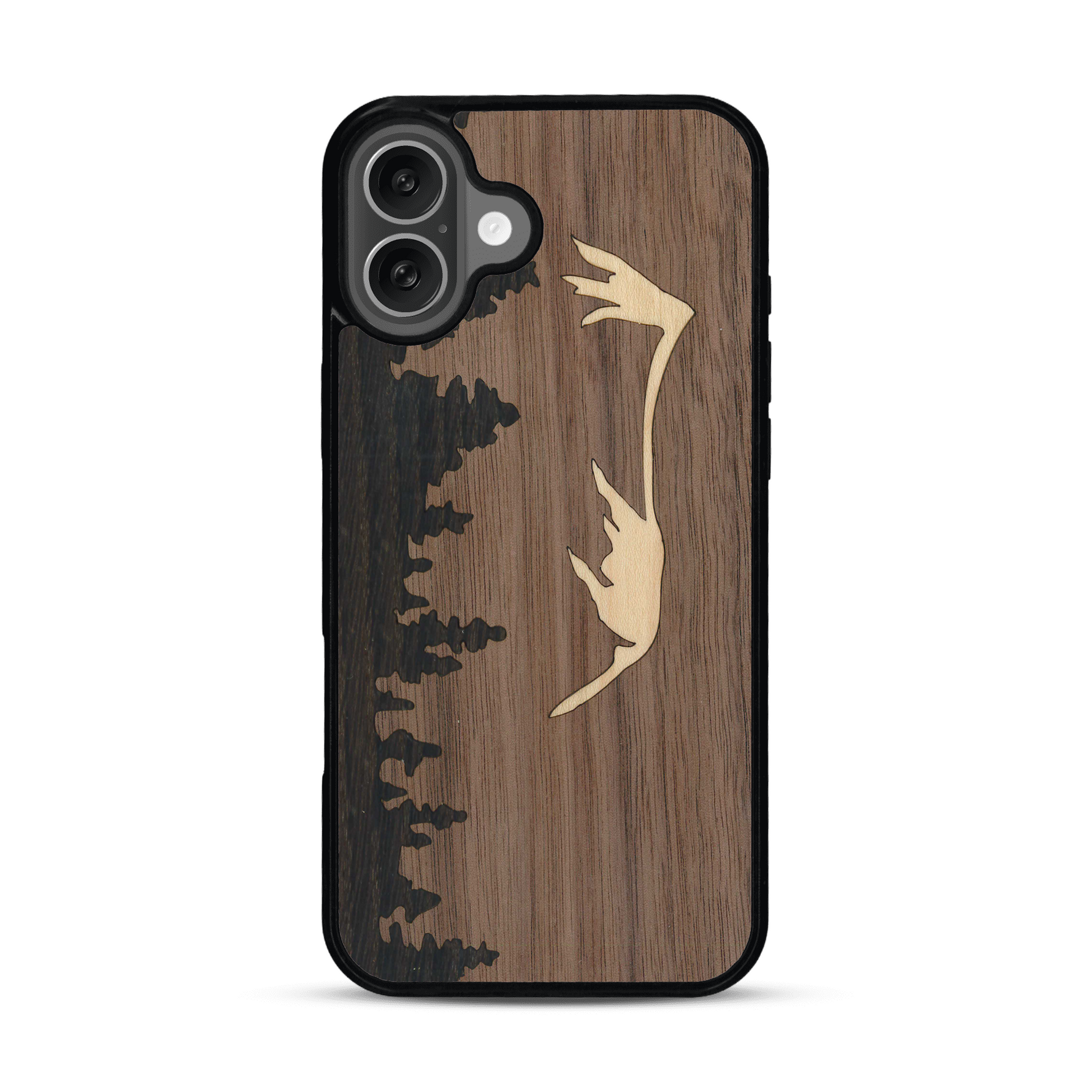 Coque de protection en bois véritable fabriquée en France pour  sur le thème de la nature et de la montagne qui allie du chêne fumé, du noyer et du bambou représentant le mont mézenc