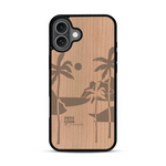 Coque de protection en bois véritable fabriquée en France pour  sur le thème des voyages en vans, vanlife et chill avec une gravure représentant un van vw combi devant le soleil couchant sur une plage avec des vagues