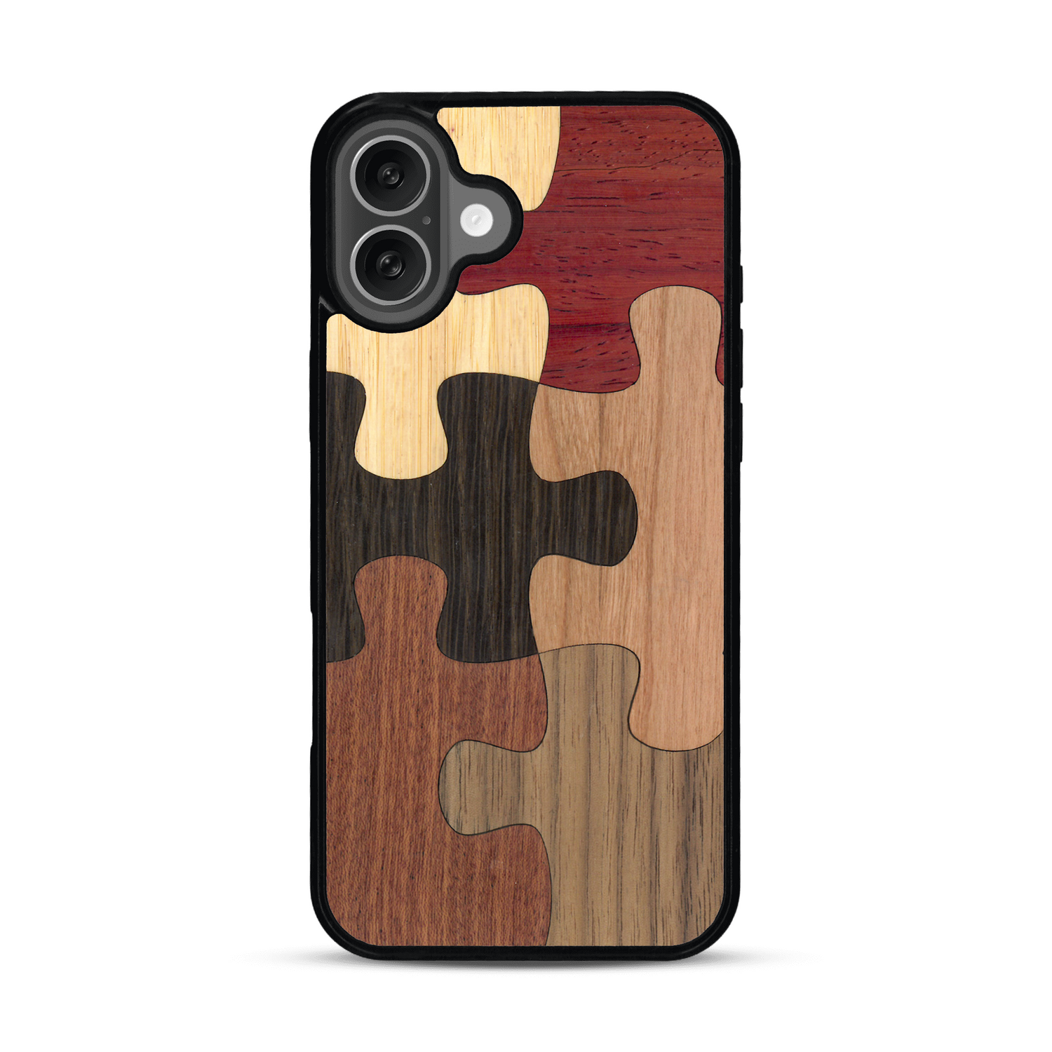 Coque de protection en bois véritable fabriquée en France pour  représentant un puzzle en six pièces qui allie du chêne fumé, du noyer, du bambou, du padouk, du merisier et de l'acajou