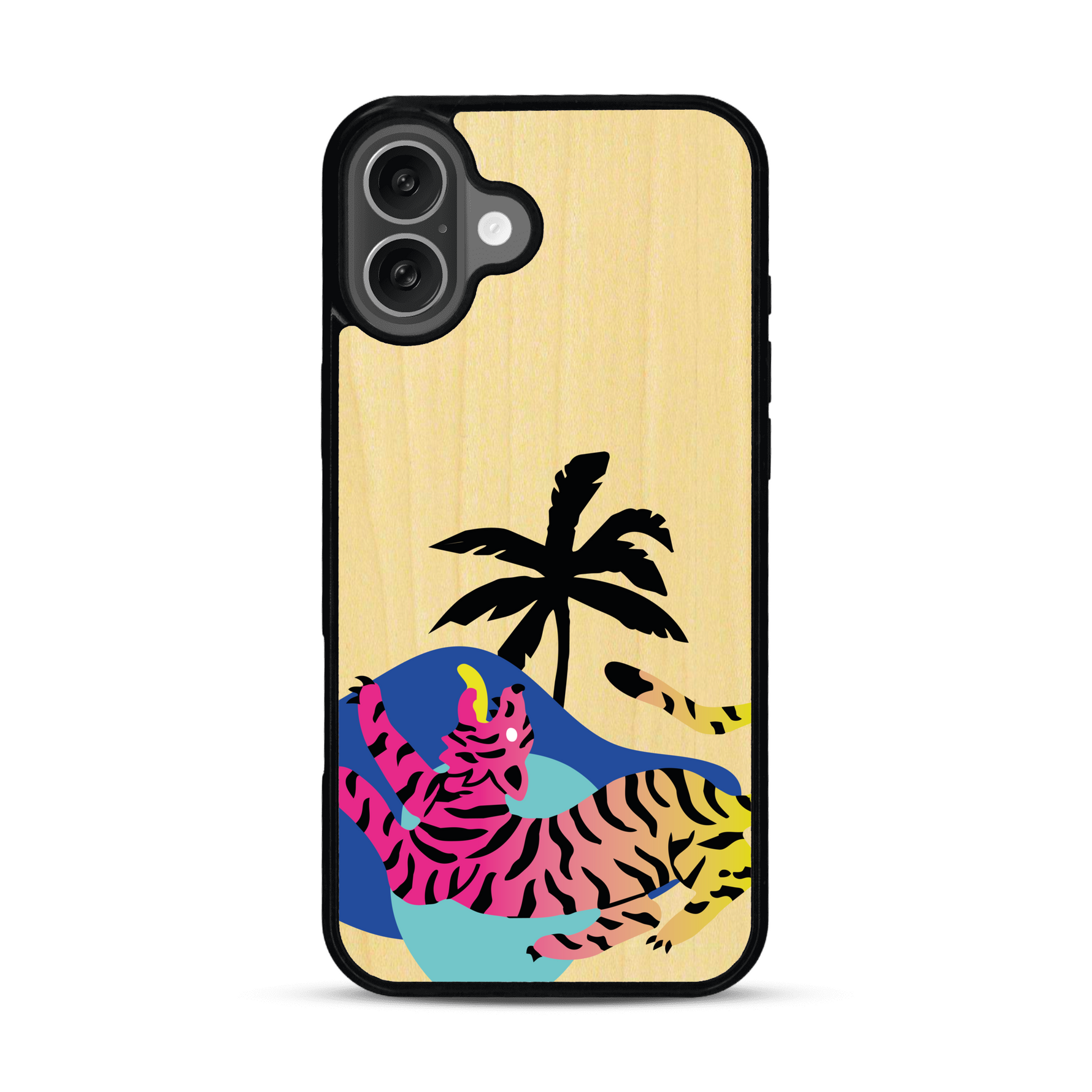 Coque de protection en bois véritable fabriquée en France pour iPhone 16 Plus représentant un tigre coloré avec un design moderne et minimaliste sur le thème de la jungle et de la nature