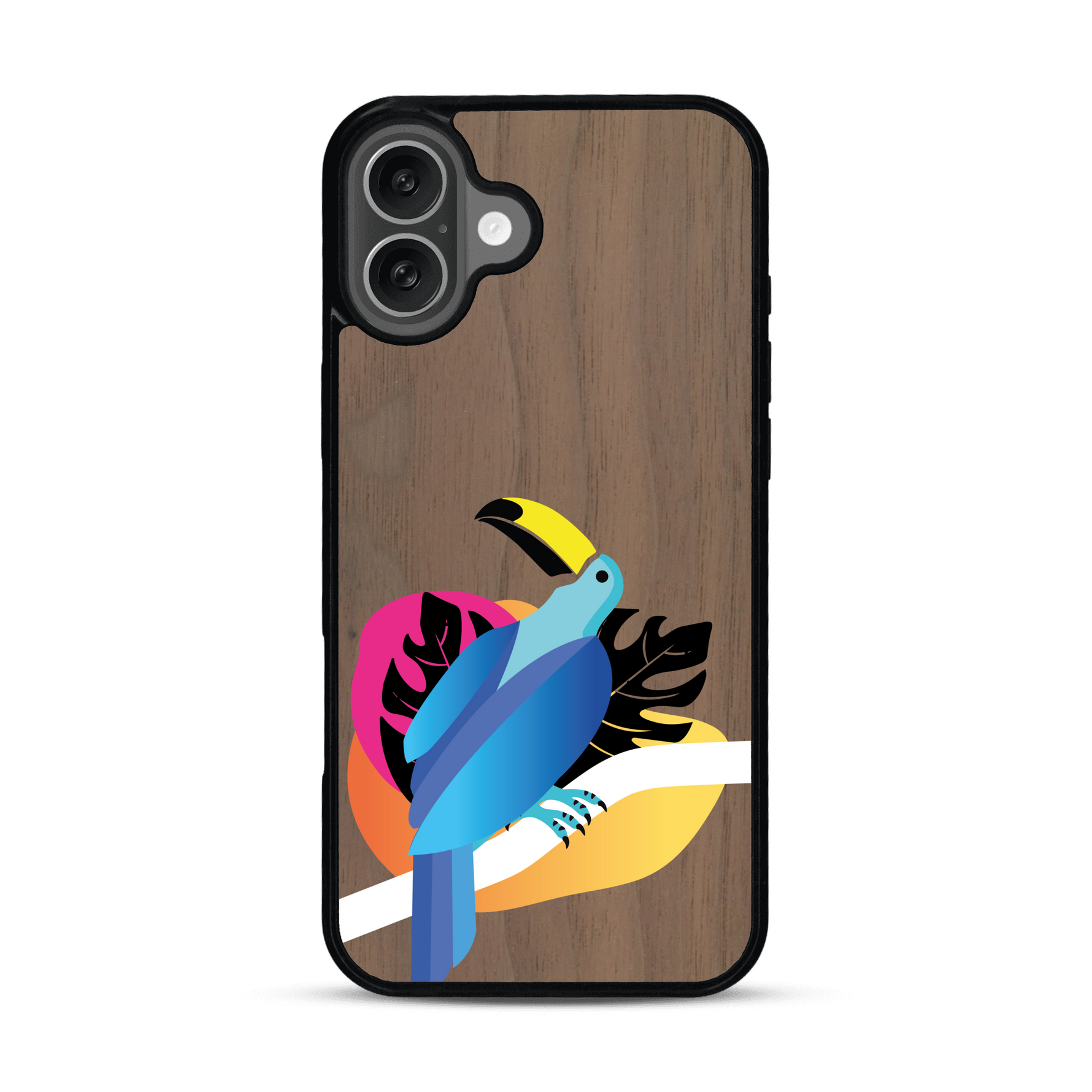 Coque de protection en bois véritable fabriquée en France pour iPhone 16 Plus représentant un toucan coloré avec un design moderne et minimaliste sur le thème de la jungle et de la nature