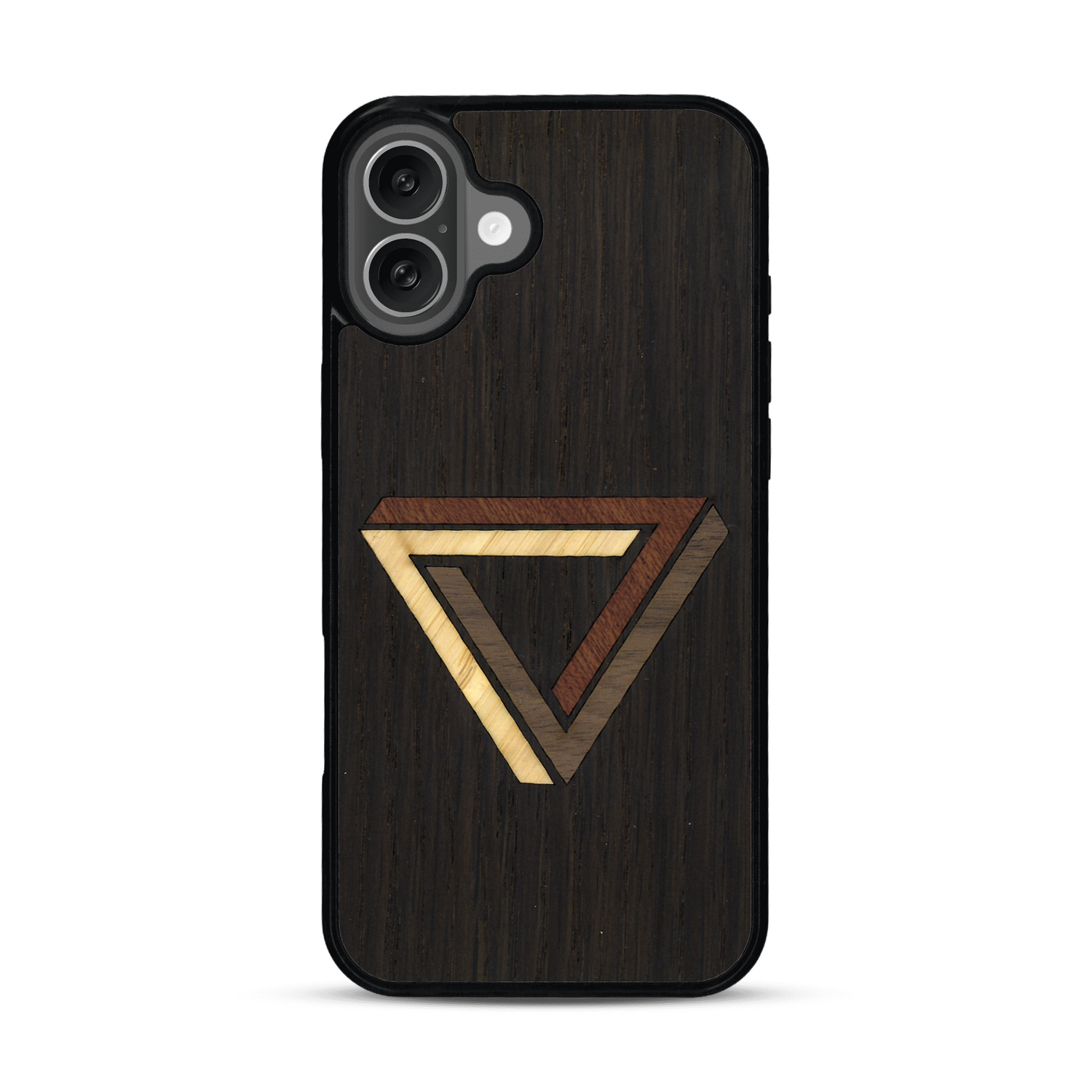Coque de protection en bois véritable fabriquée en France pour  sur le thème de l'art géométrique qui allie du chêne fumé, du noyer, du bambou et du padouk représentant le triangle de penrose