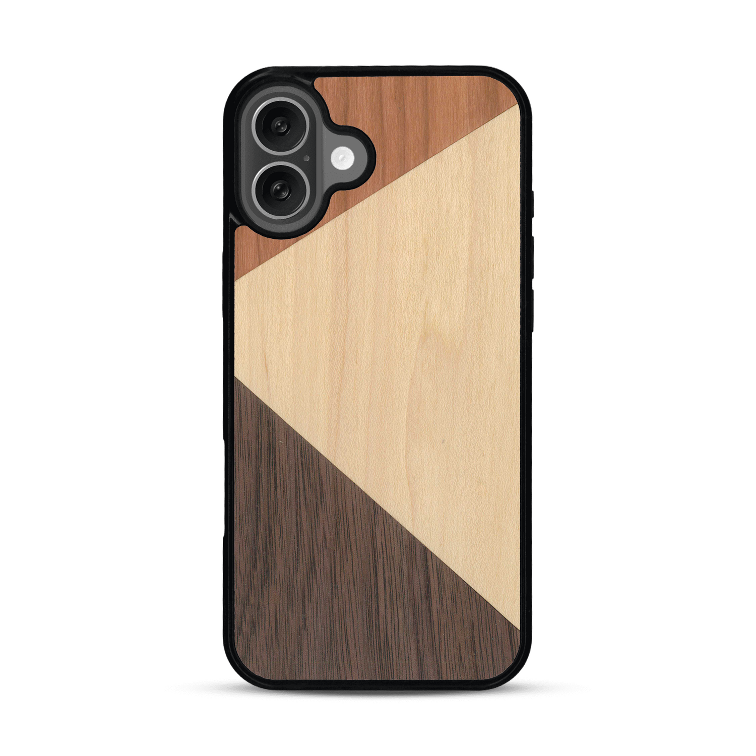 Coque de protection en bois véritable fabriquée en France pour  alliant du merisier, du noyer et du bambou formant chacun deux triangles et un trapèze avec deux jointures en diagonale sur le thème de l'art abstrait
