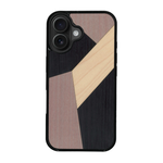 Coque de protection en bois véritable fabriquée en France pour iPhone 16 Plus alliant du bambou, du tulipier mauve et noir en forme de mosaïque minimaliste sur le thème de l'art abstrait