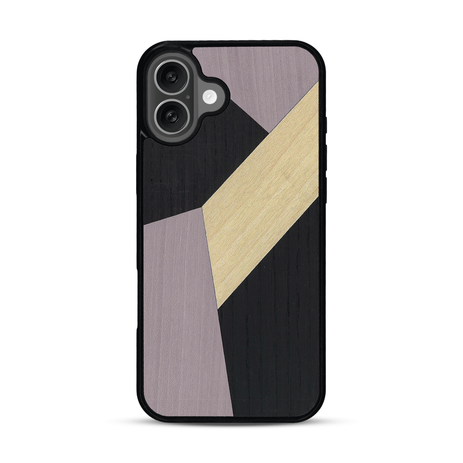 Coque de protection en bois véritable fabriquée en France pour  alliant du bambou, du tulipier mauve et noir en forme de mosaïque minimaliste sur le thème de l'art abstrait