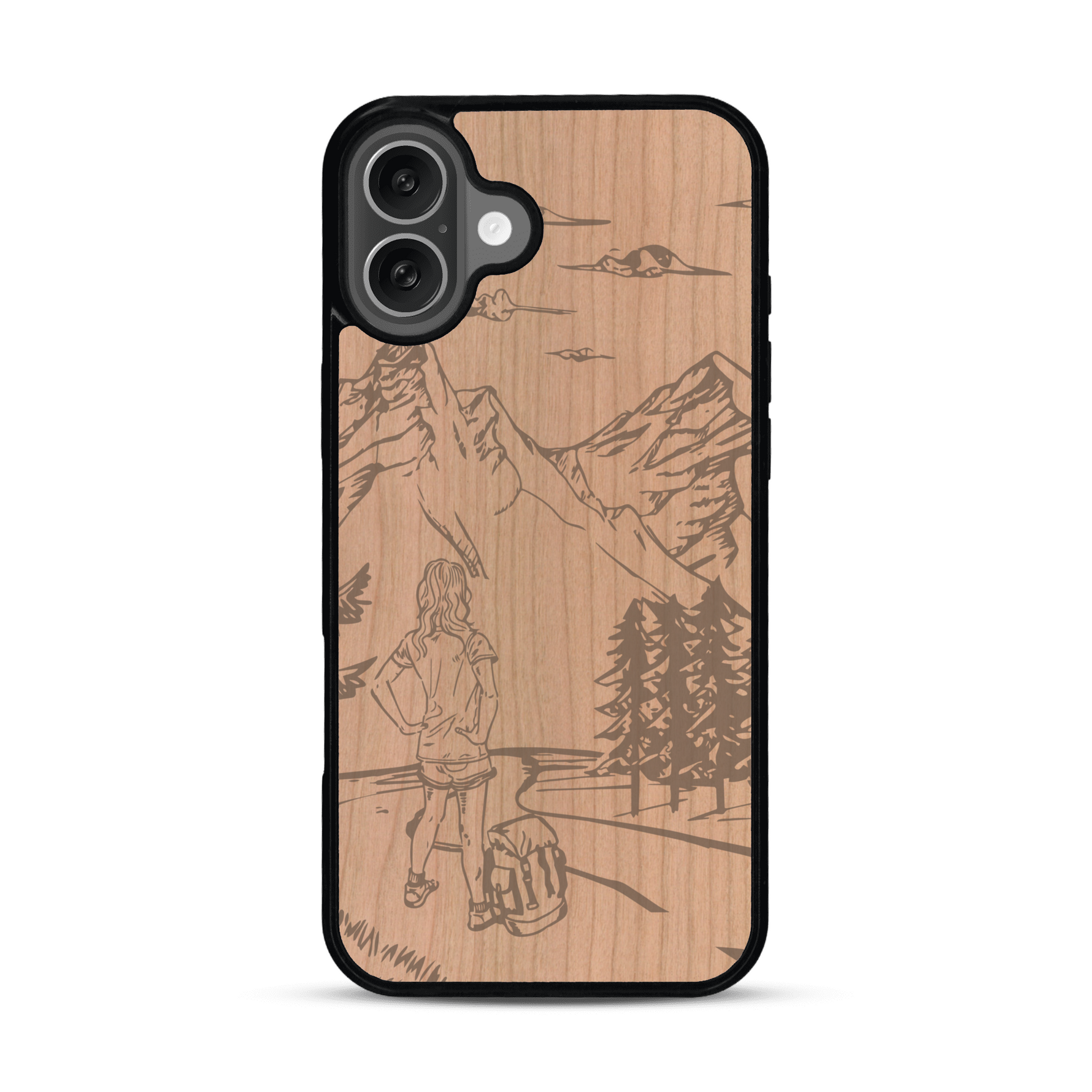 Coque de protection en bois véritable fabriquée en France pour  sur le thème de la randonnée en montagne et de l'aventure avec une gravure représentant une femme de dos face à un paysage de nature