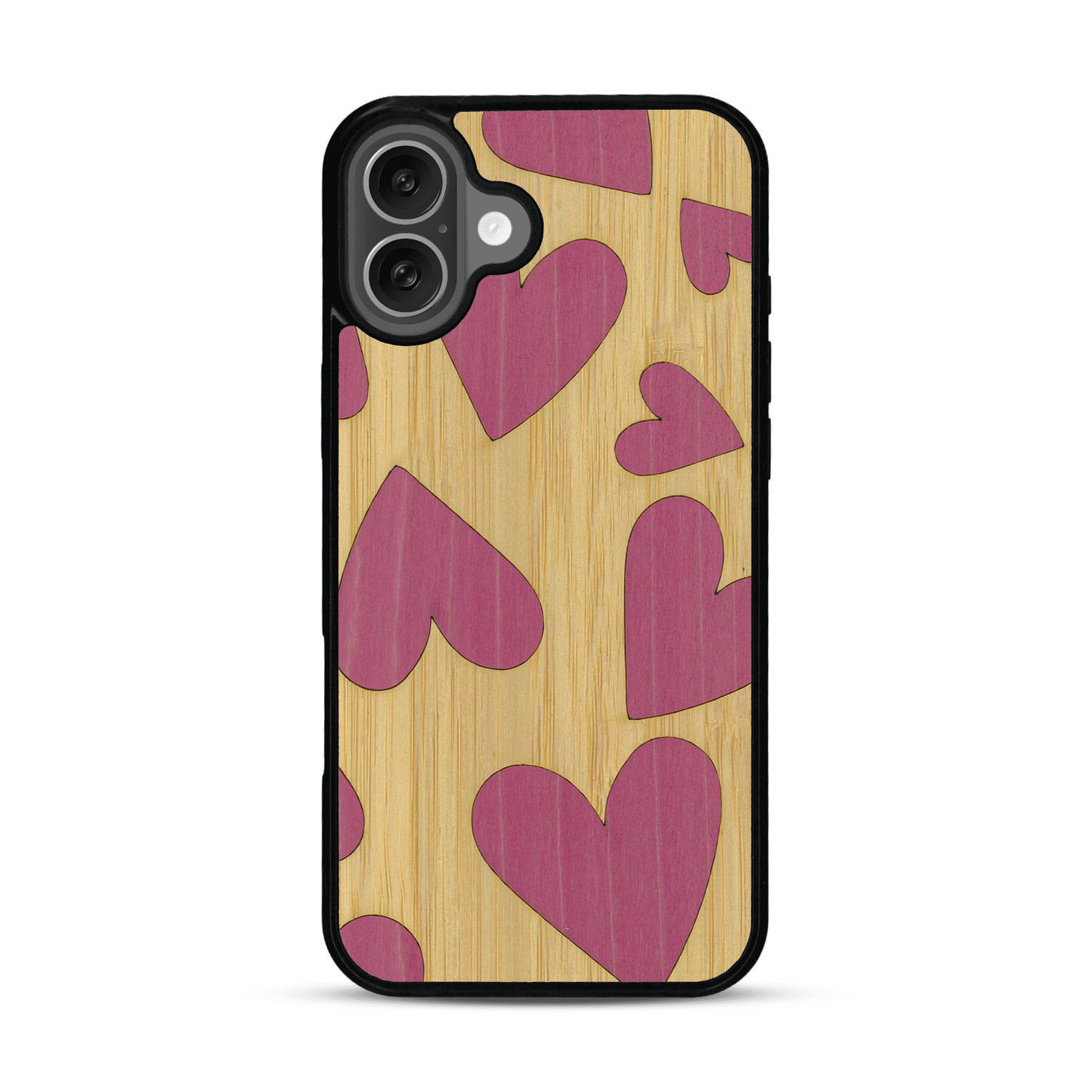 Coque de protection en bois véritable fabriquée en France pour  alliant plusieurs essences de bois pour représenter des coeurs pour les amoureux