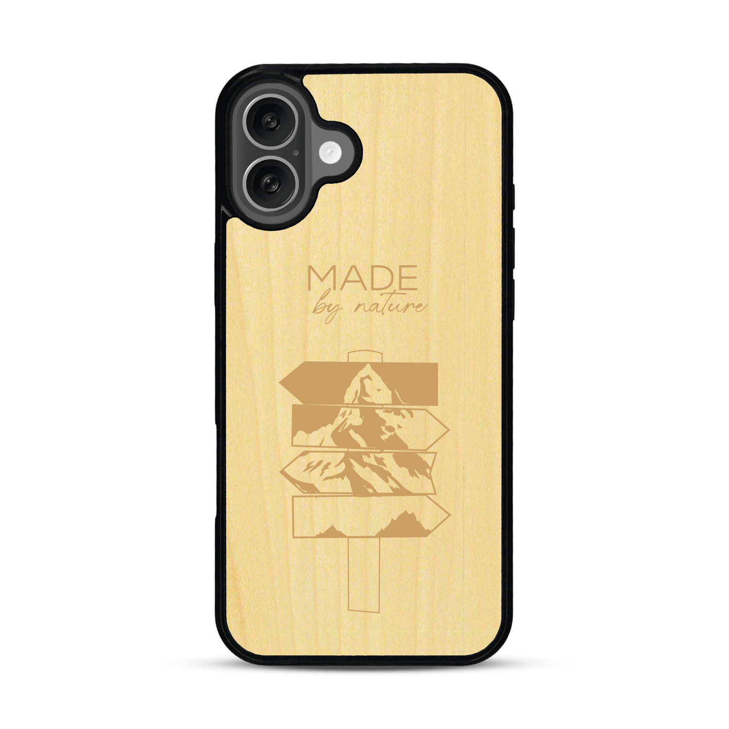 Coque de protection en bois véritable fabriquée en France pour  sur le thème de la nature et des arbres avec une gravure représentant une pomme de pin et la phrase "made by nature"