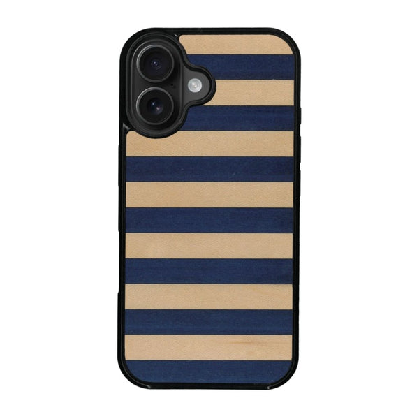 Coque de protection en bois véritable fabriquée en France pour iPhone 16 + MagSafe® alliant plusieurs essences de bois pour représenter une marinière