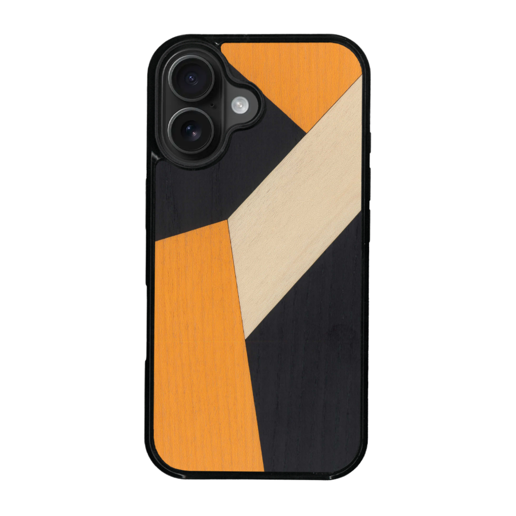 Coque de protection en bois véritable fabriquée en France pour iPhone 16 + MagSafe® alliant du bambou, du tulipier orange et noir en forme de mosaïque minimaliste sur le thème de l'art abstrait