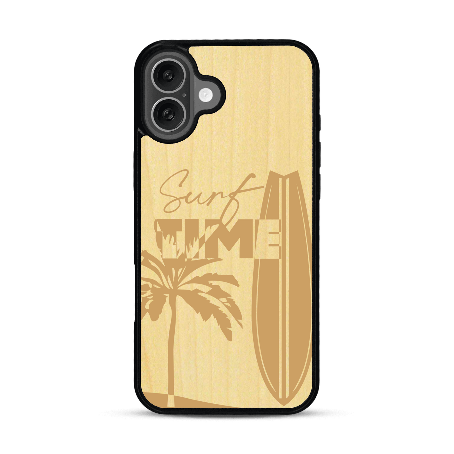 Coque de protection en bois véritable fabriquée en France pour  sur le thème chill avec un motif représentant une silouhette tenant une planche de surf sur une plage entouré de palmiers et les mots "Surf Time Long Beach Miami"
