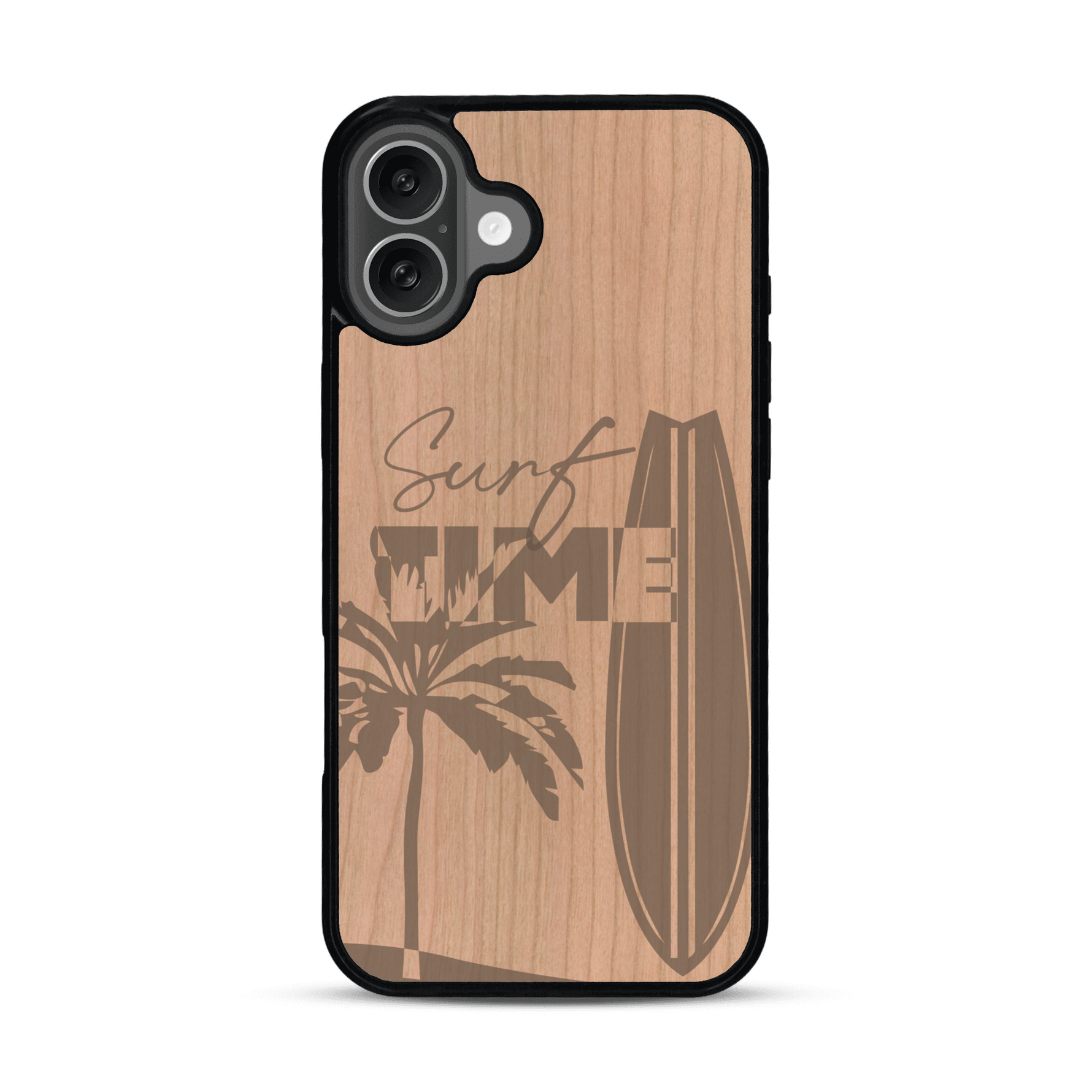 Coque de protection en bois véritable fabriquée en France pour  sur le thème chill avec un motif représentant une silouhette tenant une planche de surf sur une plage entouré de palmiers et les mots "Surf Time Long Beach Miami"