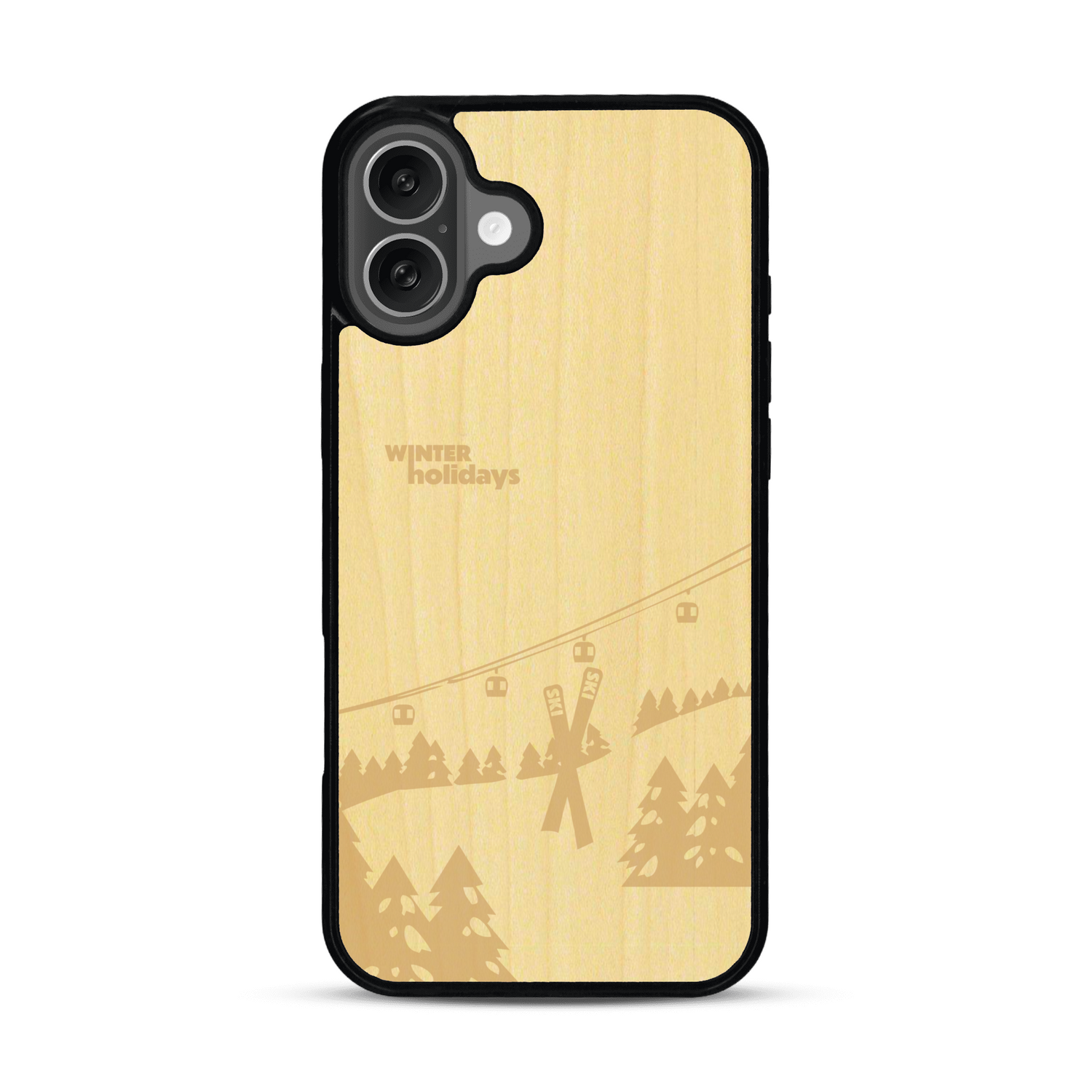 Coque de protection en bois véritable fabriquée en France pour  sur le thème de la montagne, du ski et de la neige avec un motif représentant une paire de ski plantée dans la neige avec en fond des montagnes enneigées