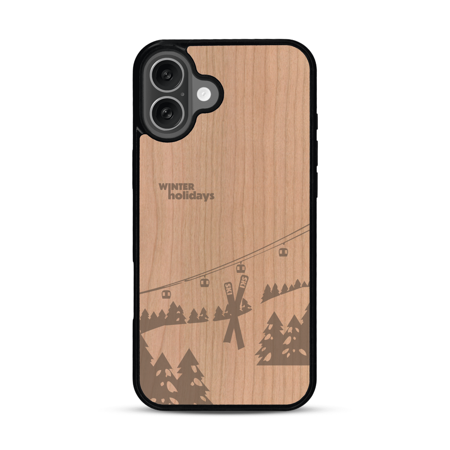 Coque de protection en bois véritable fabriquée en France pour  sur le thème de la montagne, du ski et de la neige avec un motif représentant une paire de ski plantée dans la neige avec en fond des montagnes enneigées