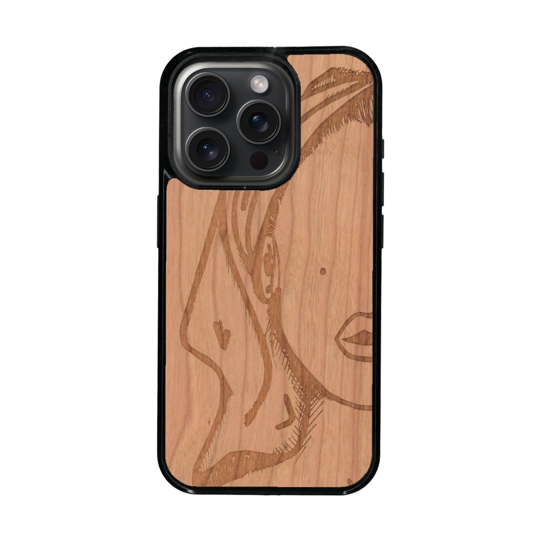 Coque de protection en bois véritable fabriquée en France pour iPhone 16 Pro Max représentant une silhouette féminine épurée de type line art en collaboration avec l'artiste Maud Dabs