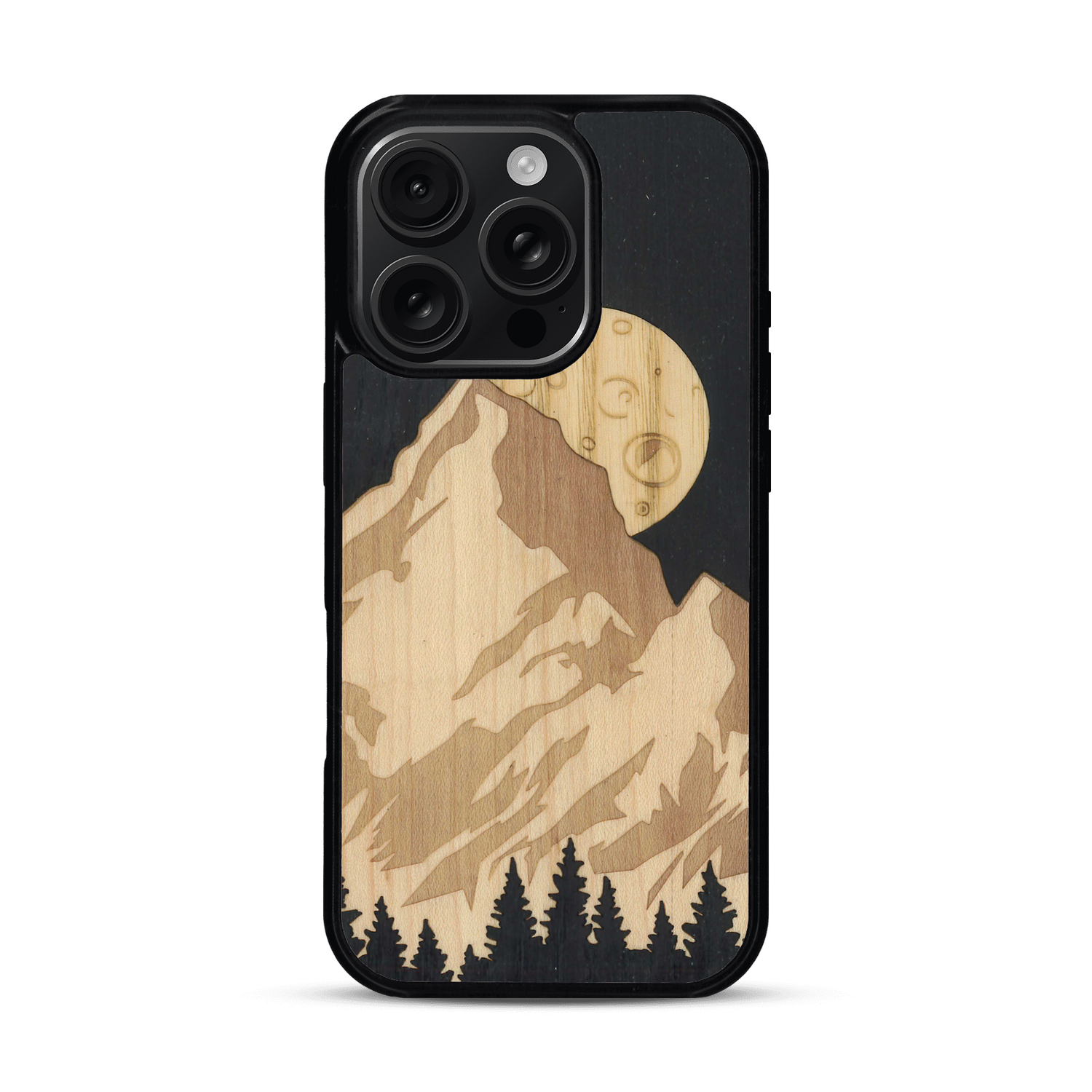 Coque de protection en bois véritable fabriquée en France pour  alliant plusieurs essences de bois pour représenter le mont Everest