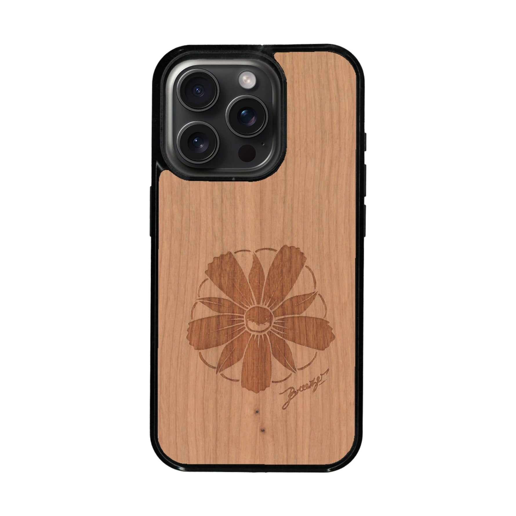 Coque de protection en bois véritable fabriquée en France pour iPhone 16 Pro Max sur le thème des fleurs et de la montagne avec un motif de gravure représentant les pétales d'une fleur des montagnes