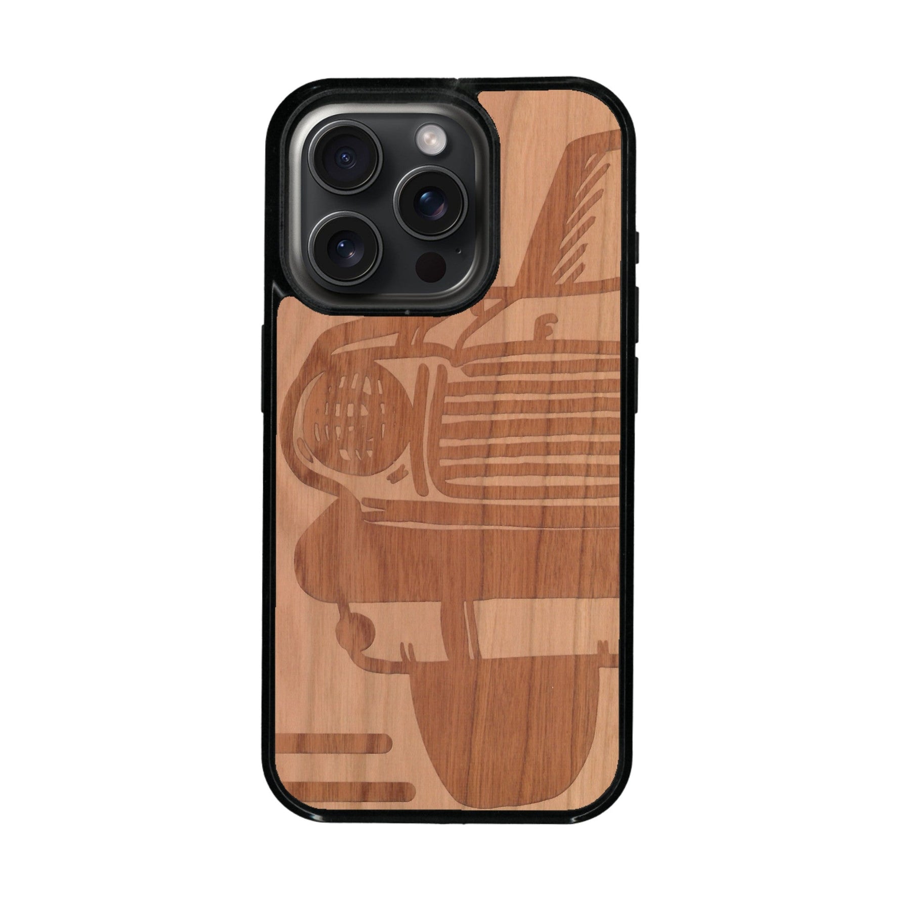 Coque de protection en bois véritable fabriquée en France pour iPhone 16 Pro Max sur le thème de l'automobile avec une authentique Mustang