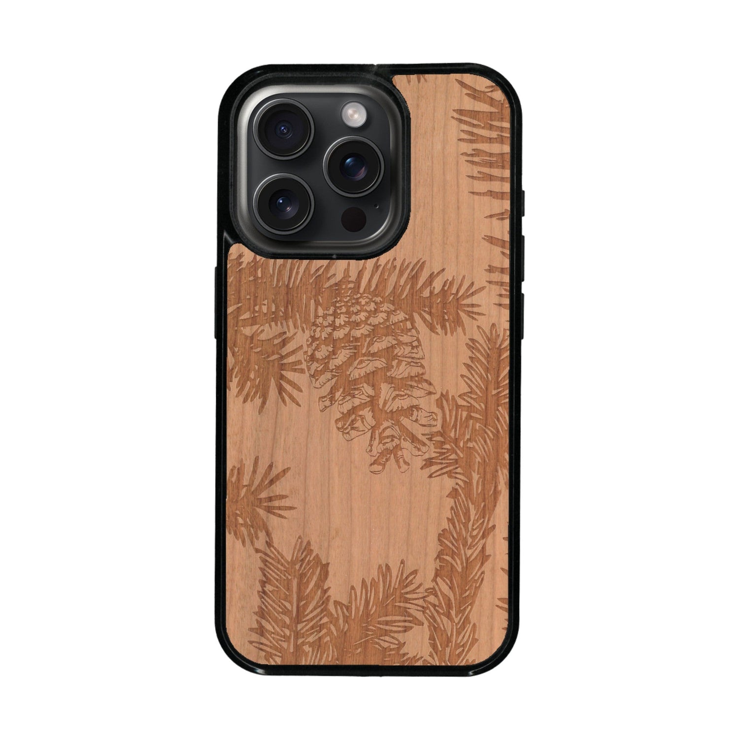 Coque de protection en bois véritable fabriquée en France pour iPhone 16 Pro Max + MagSafe® sur le thème de la nature des arbres avec un motif de gravure représentant des épines de sapin et des pommes de pin