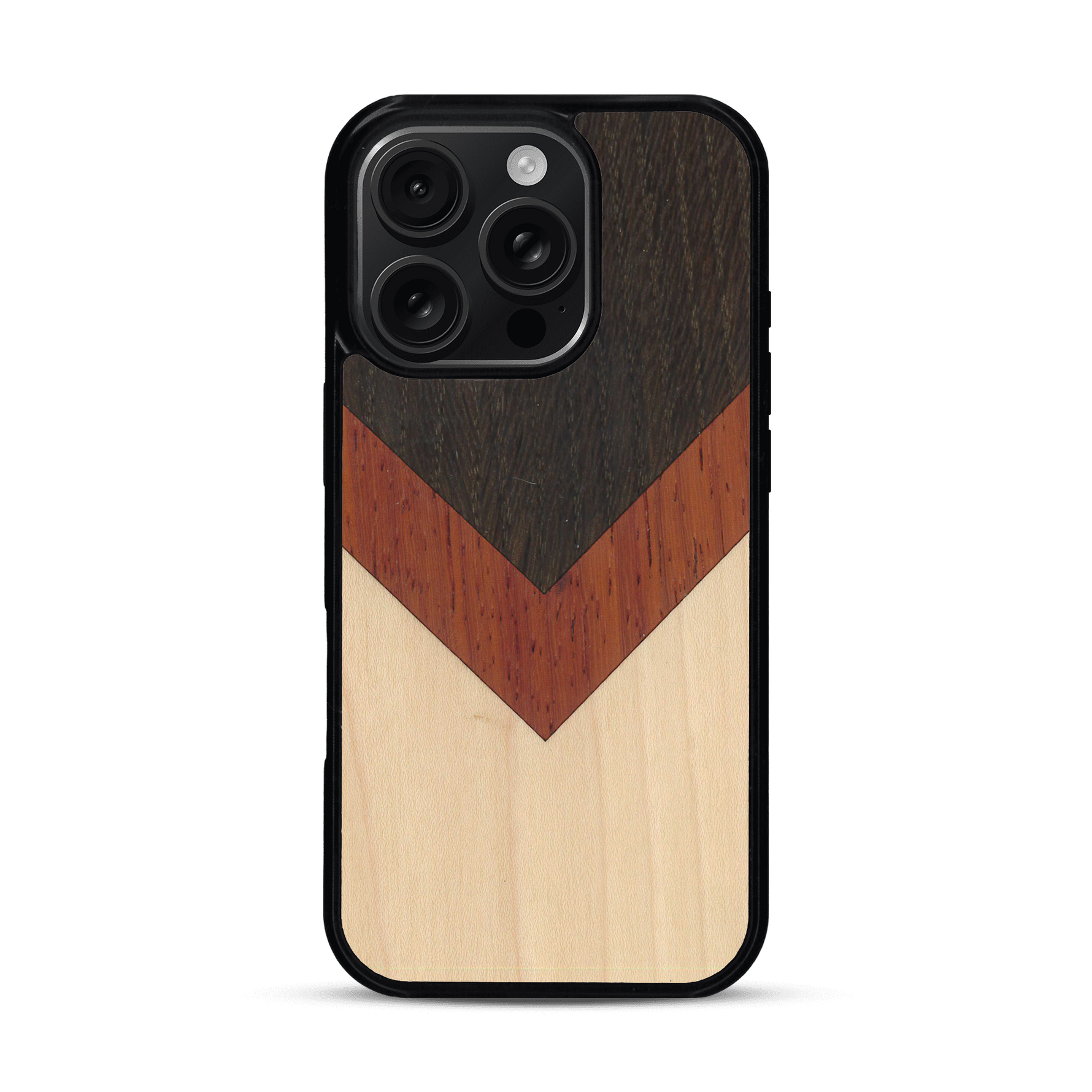 Coque de protection en bois véritable fabriquée en France pour  alliant du chêne fumé, du padouk et du bambou en forme de chevron sur le thème de l'art abstrait