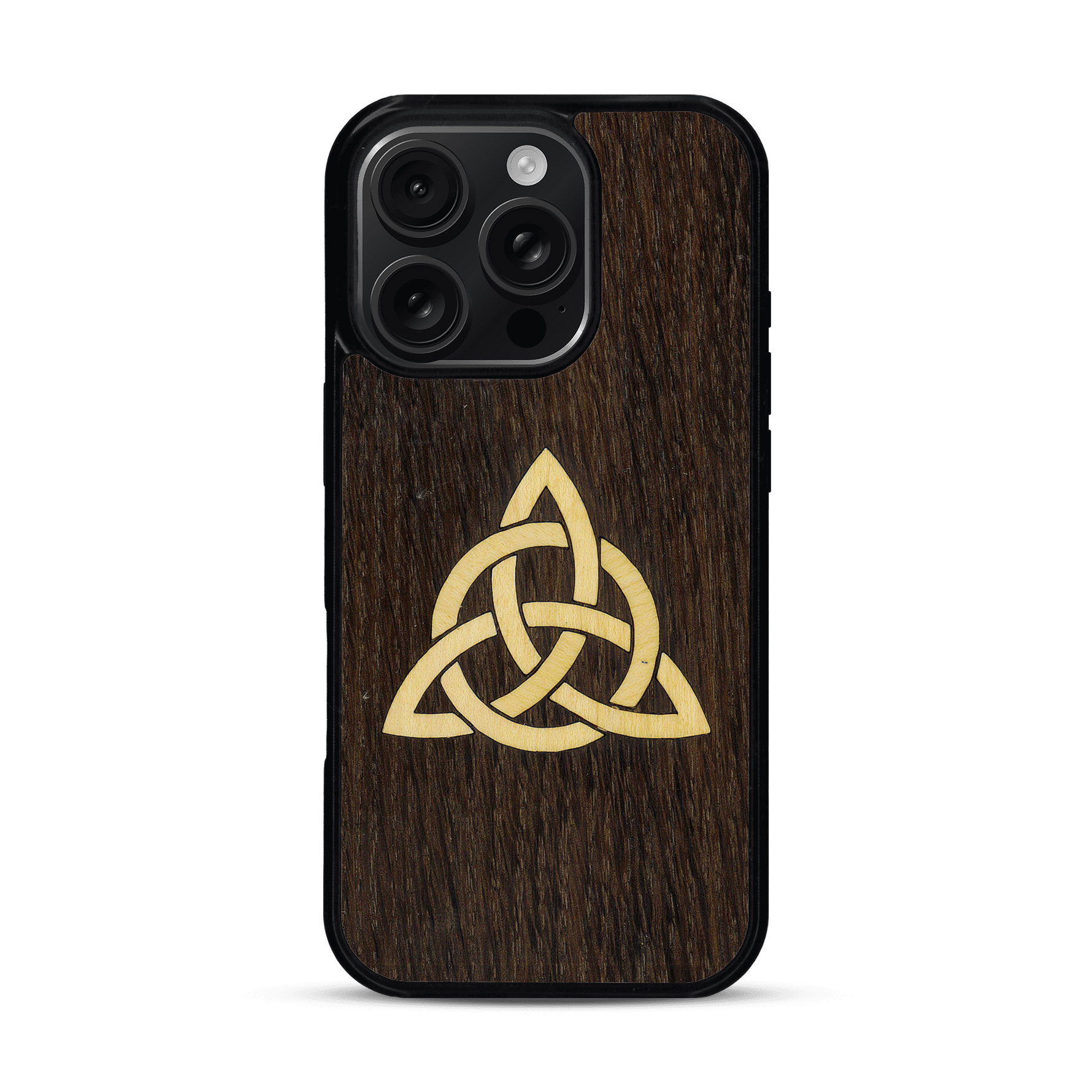 Coque de protection en bois véritable fabriquée en France pour  alliant du chêne fumé et du bambou représentant une triquetra