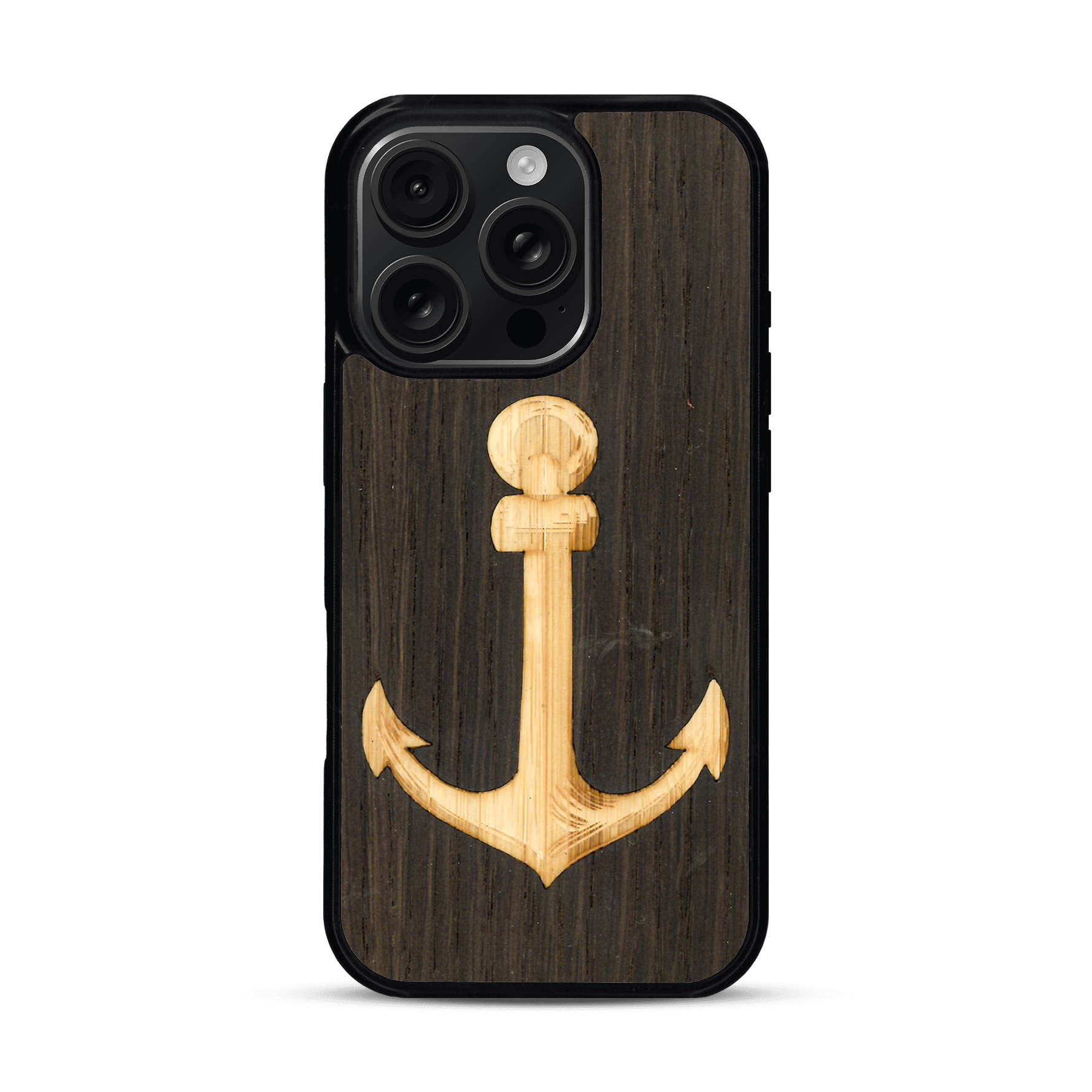 Coque de protection en bois véritable fabriquée en France pour  sur le thème nautique avec un bois clair et un bois foncé représentant une ancre de bateau