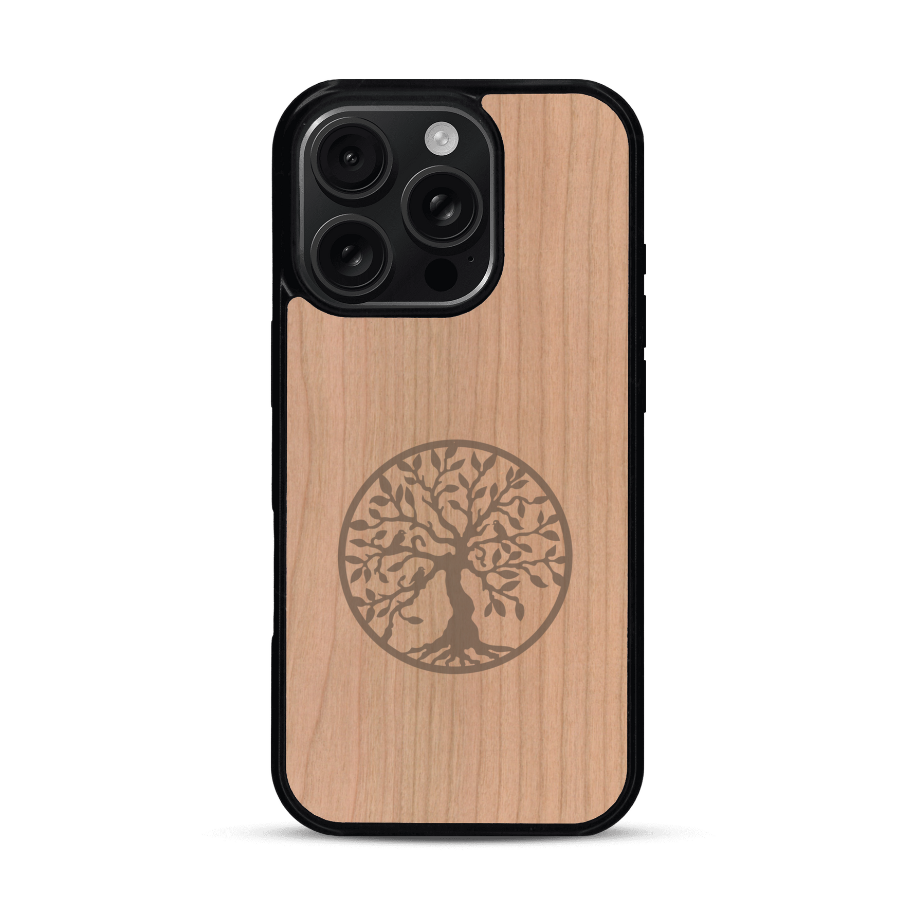 Coque de protection en bois véritable fabriquée en France pour  sur le thème de la spiritualité et du yoga avec une gravure zen représentant un arbre de vie